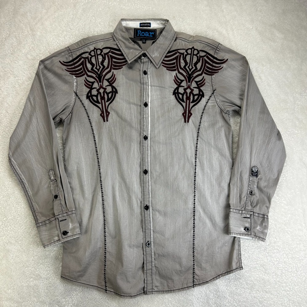 Roar Signature Button-Up Shirt Mens L Gray Western Tribal Embroided Long Sleeve